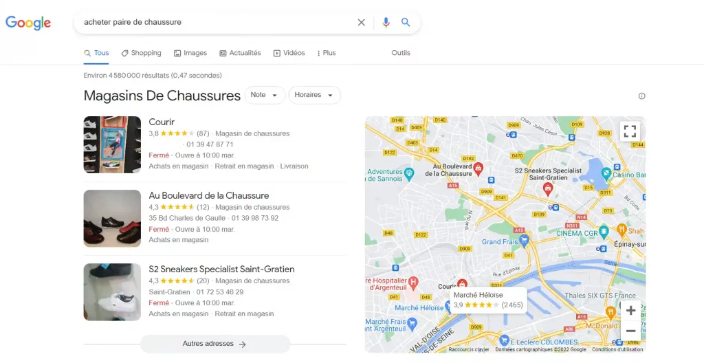Exemple de local pack, SEO local, pack local SEO